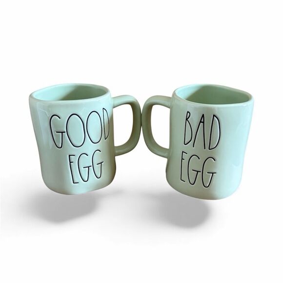Two Rae Dunn Magenta "Good Egg/Bad Egg" Mint Green Coffee Mugs/Cups Drinkware - Picture 2 of 5